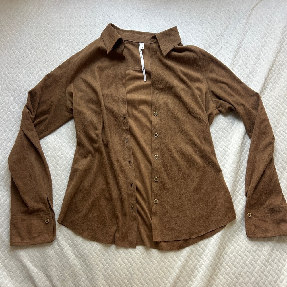 Max Studio Suede-Look Chestnut Button Front Shirt